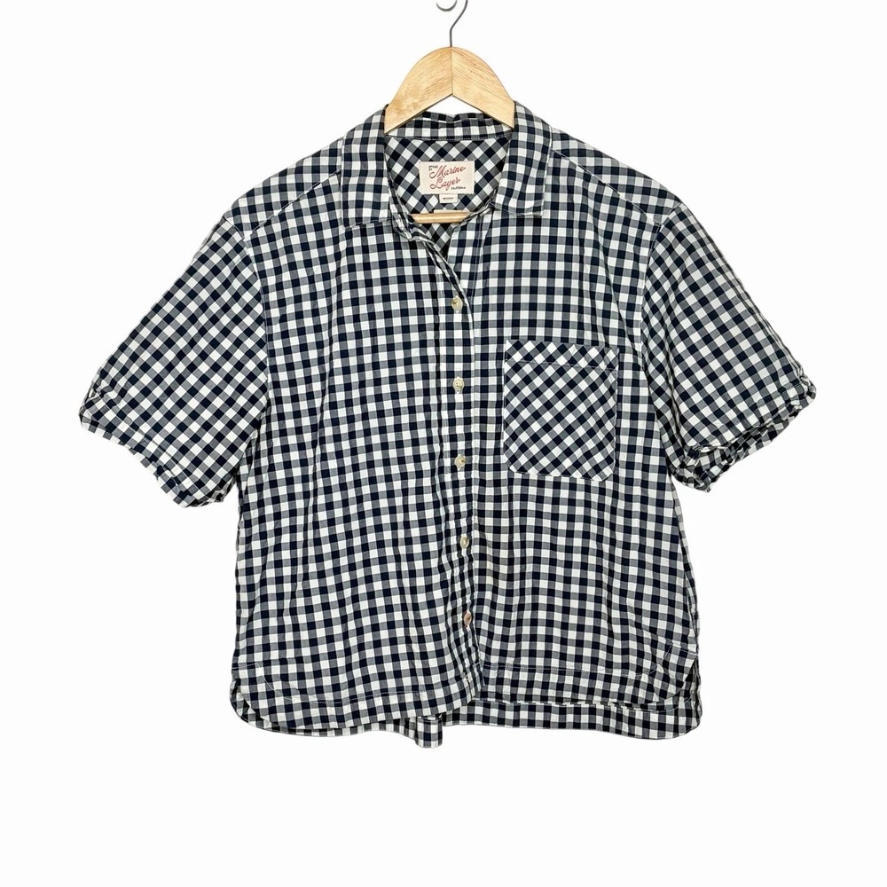 Marine Layer Navy Gingham Shirt Womens M Nautical Preppy Coastal Short Sleeve
